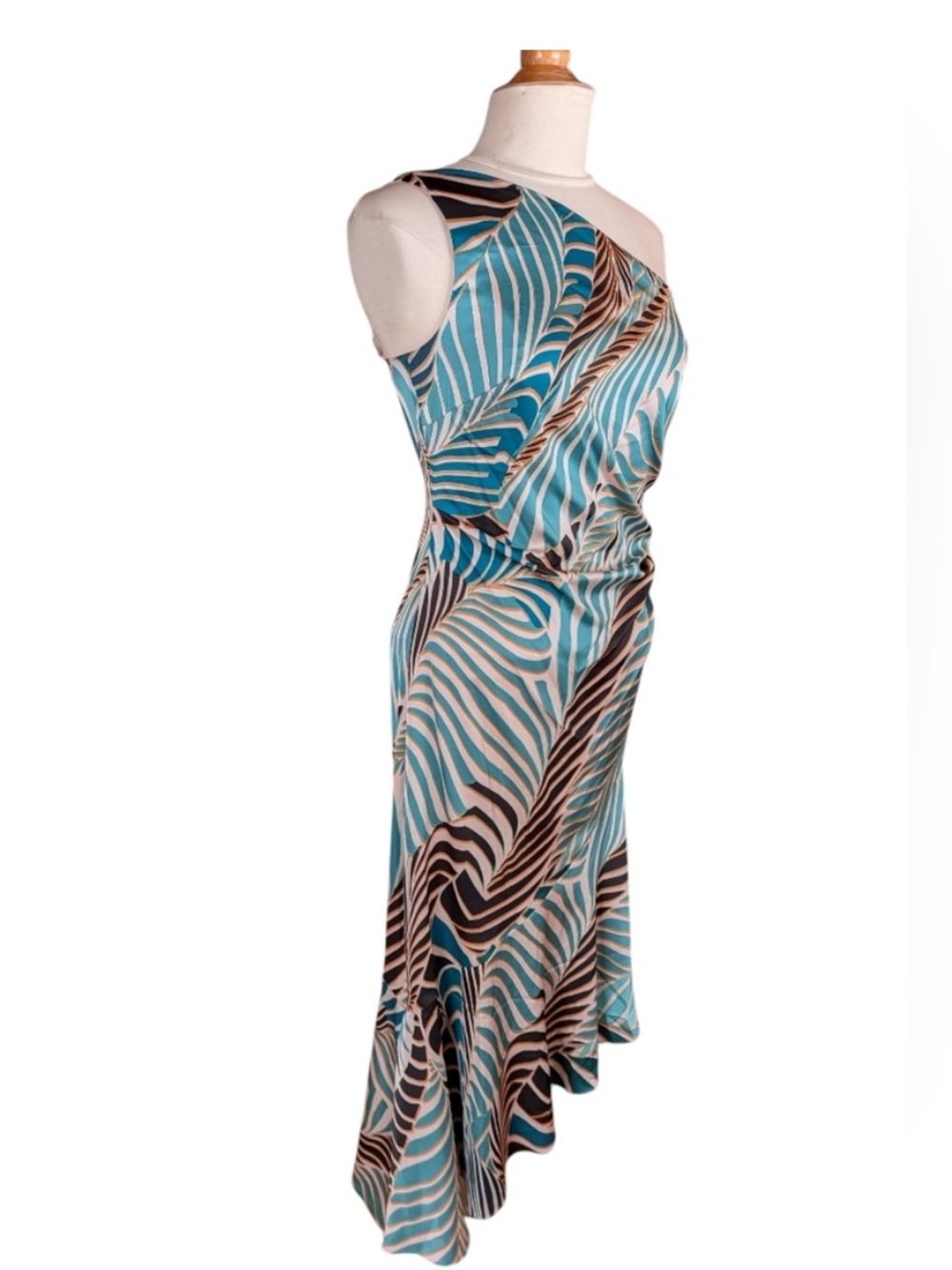 Maggy London Teal and Brown One-Shoulder Palm-Print Asymmetrical Dress size 6